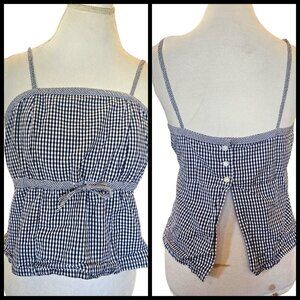 Y2K Babydoll Crop Top Cami Navy Blue Gingham Plaid‎ Open Back Preppy Cotton Sz L
